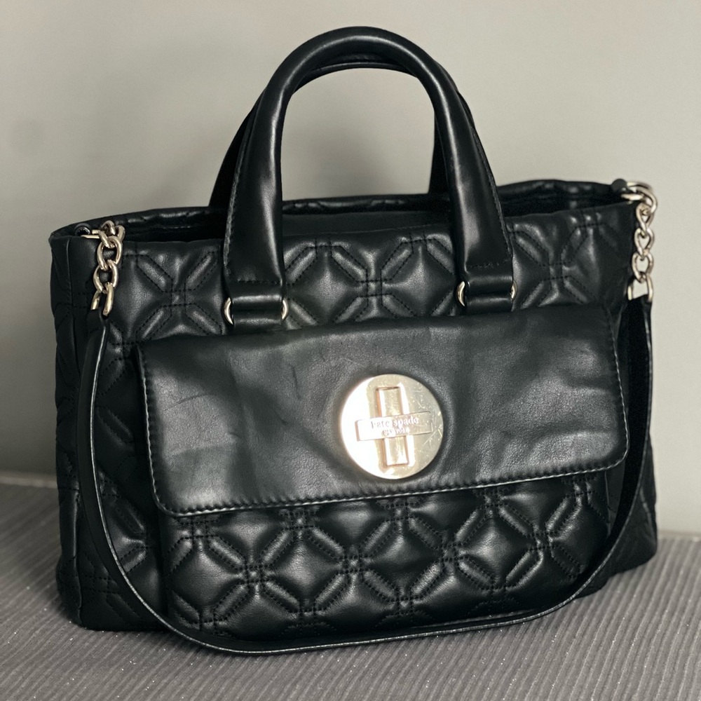 Kate Spade Black Quilted Leather Shoulder Bag Handbag w/ Logo Turn lock closure